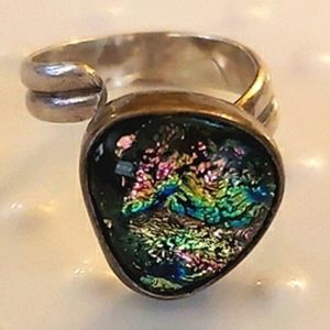 Vintage Boho Galaxy 🪐 Ring, Silver+Dichroic Glass